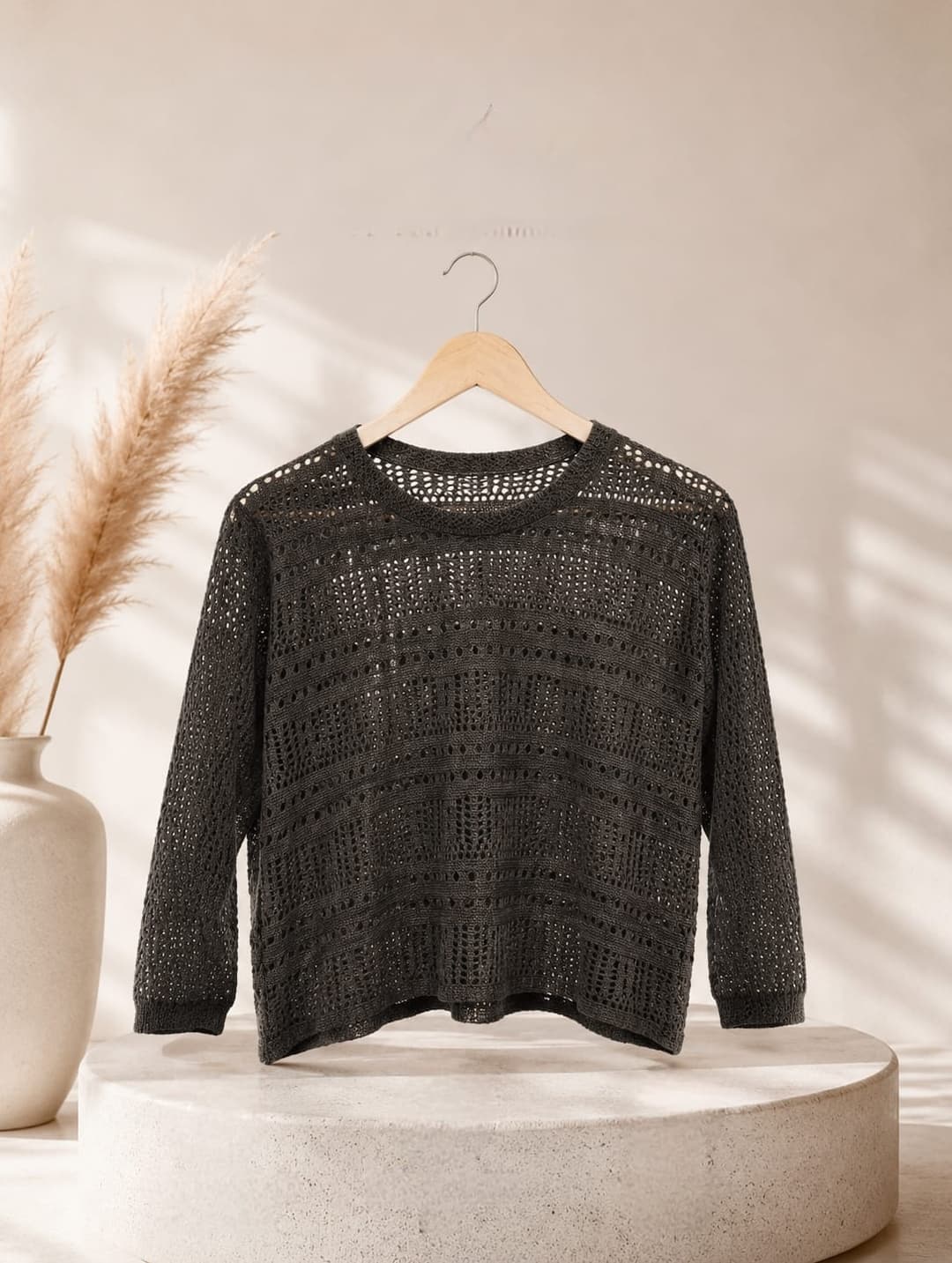 vibrant black open-stitch mesh crochet crop top