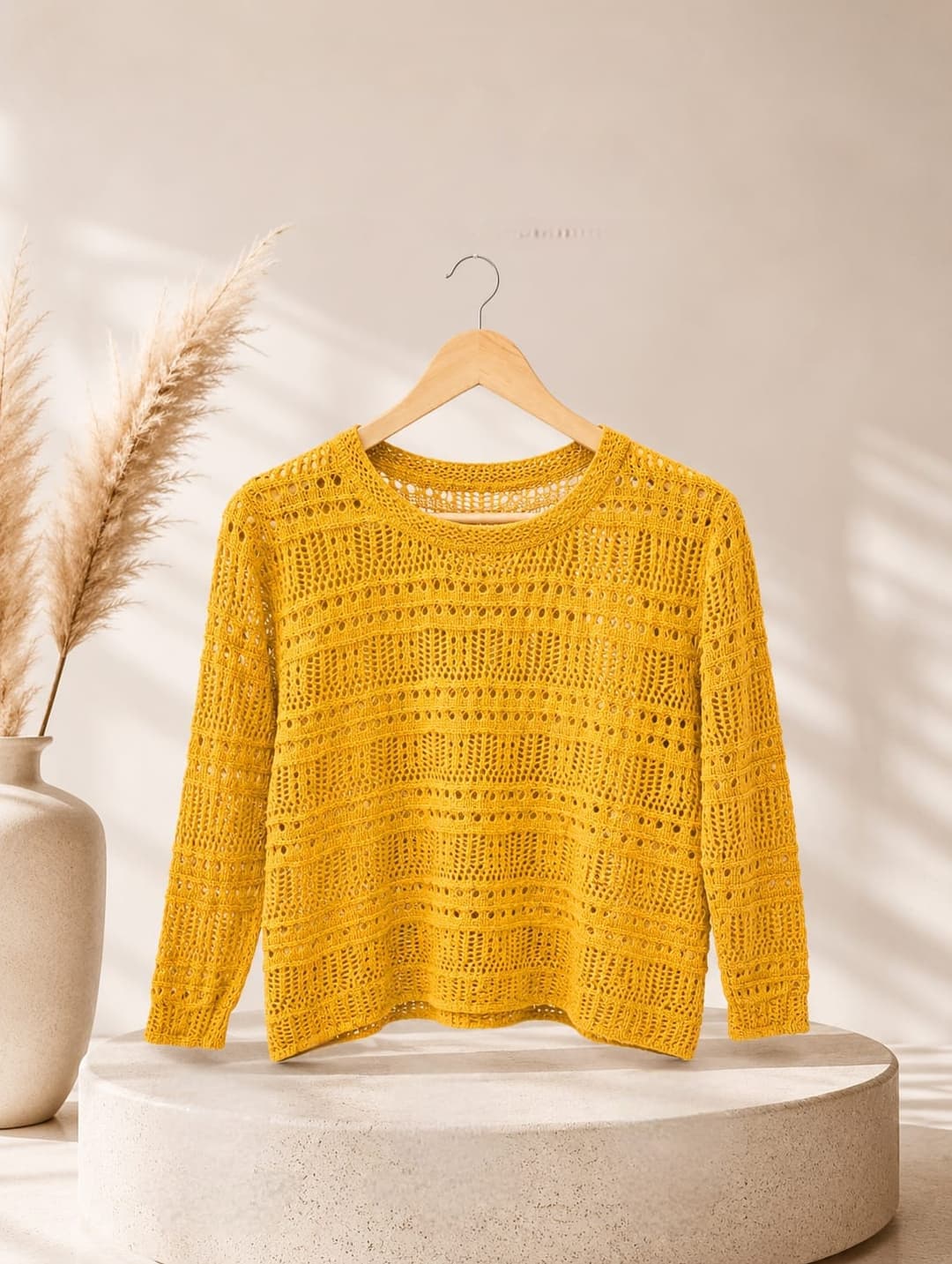 vibrant mustard yellow open-stitch crochet crop top