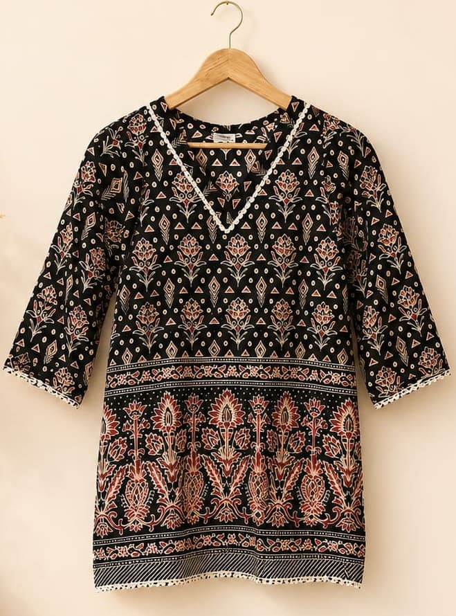 Black ethnic printed short kurti